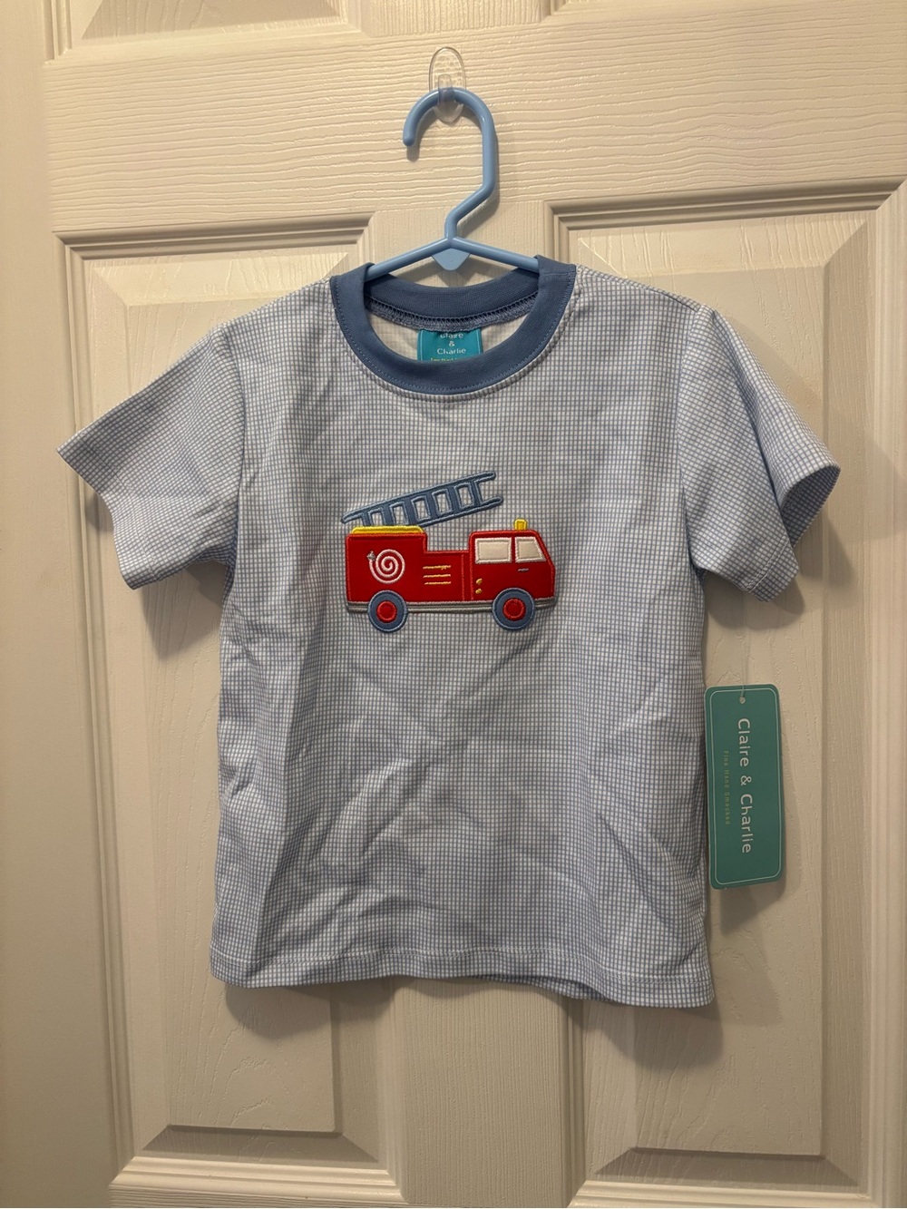 NWT Claire & Charlie Blue Gingham Fire Truck Short Sleeve Tee